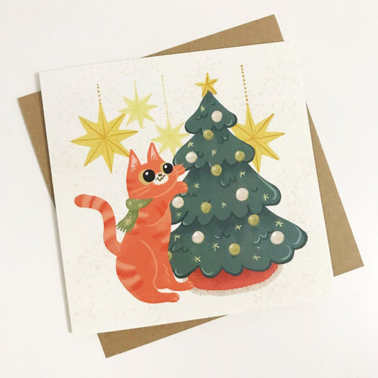 Adorable Cute Cat Christmas Card – Orange Cat Decorating a Christmas Tree