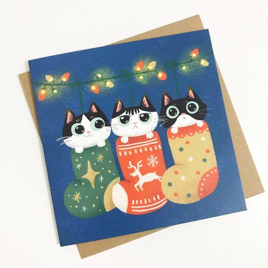 Adorable Cute Cat Christmas Card – Tuxedo Cats Warming Up in Christmas Socks